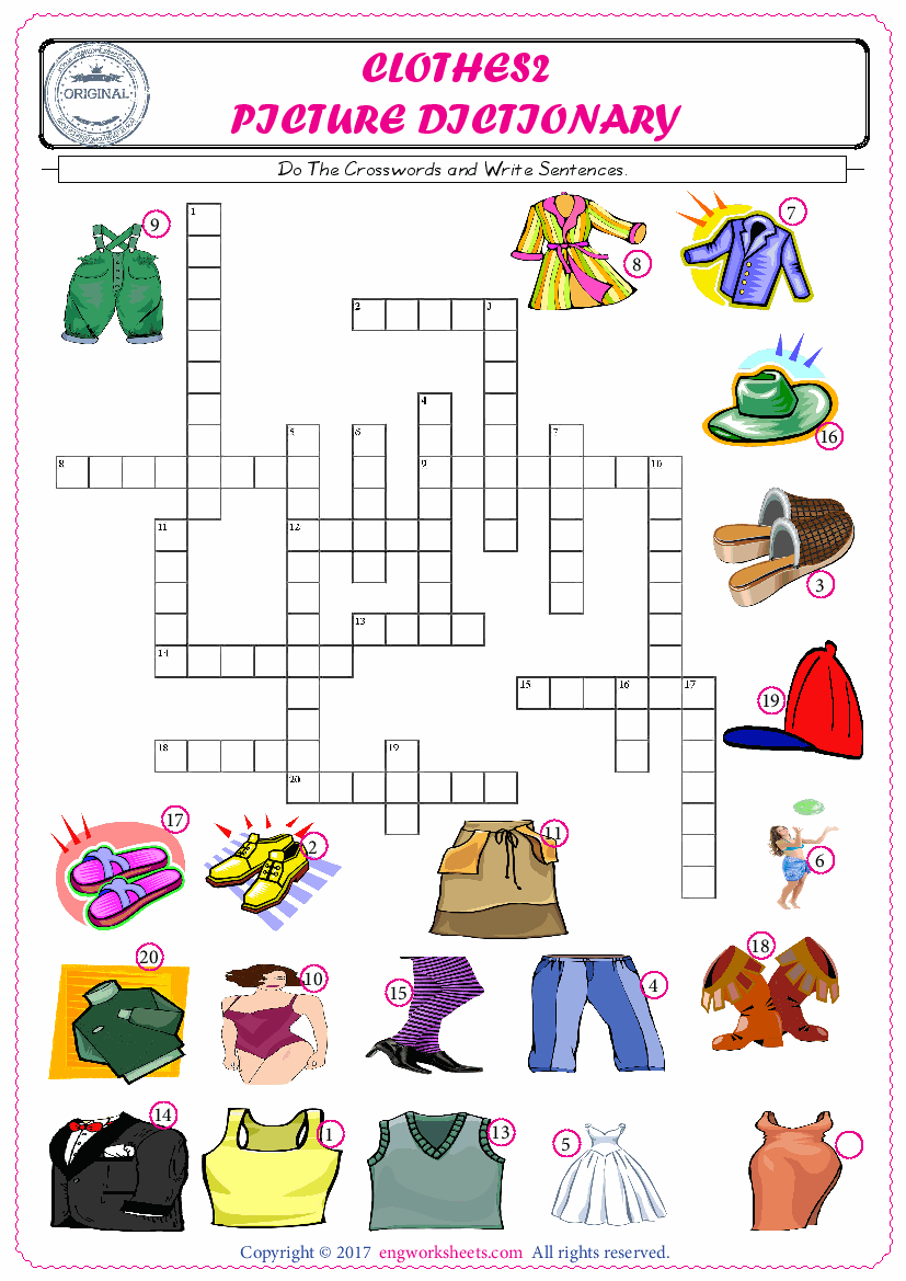  ESL printable worksheet for kids, supply the missing words of the crossword by using the Clothes picture. 